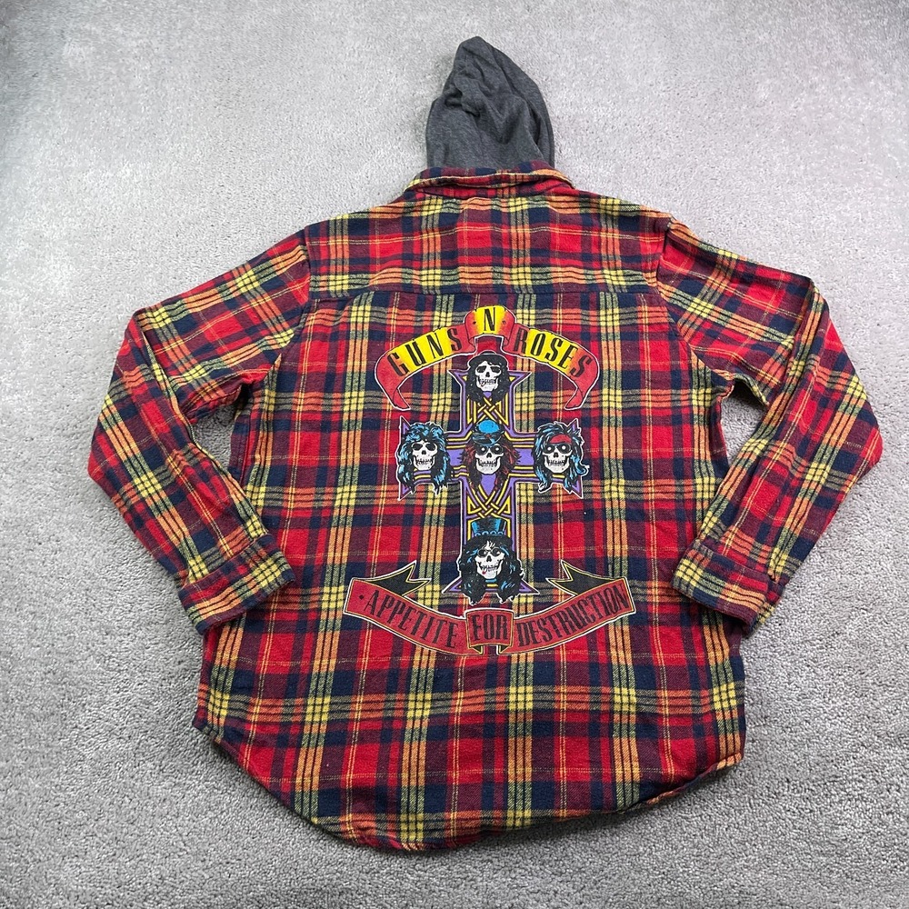 Guns N' Roses Hooded Shirt Mens Large‎ Red Plaid Flannel Button Up Rock Band